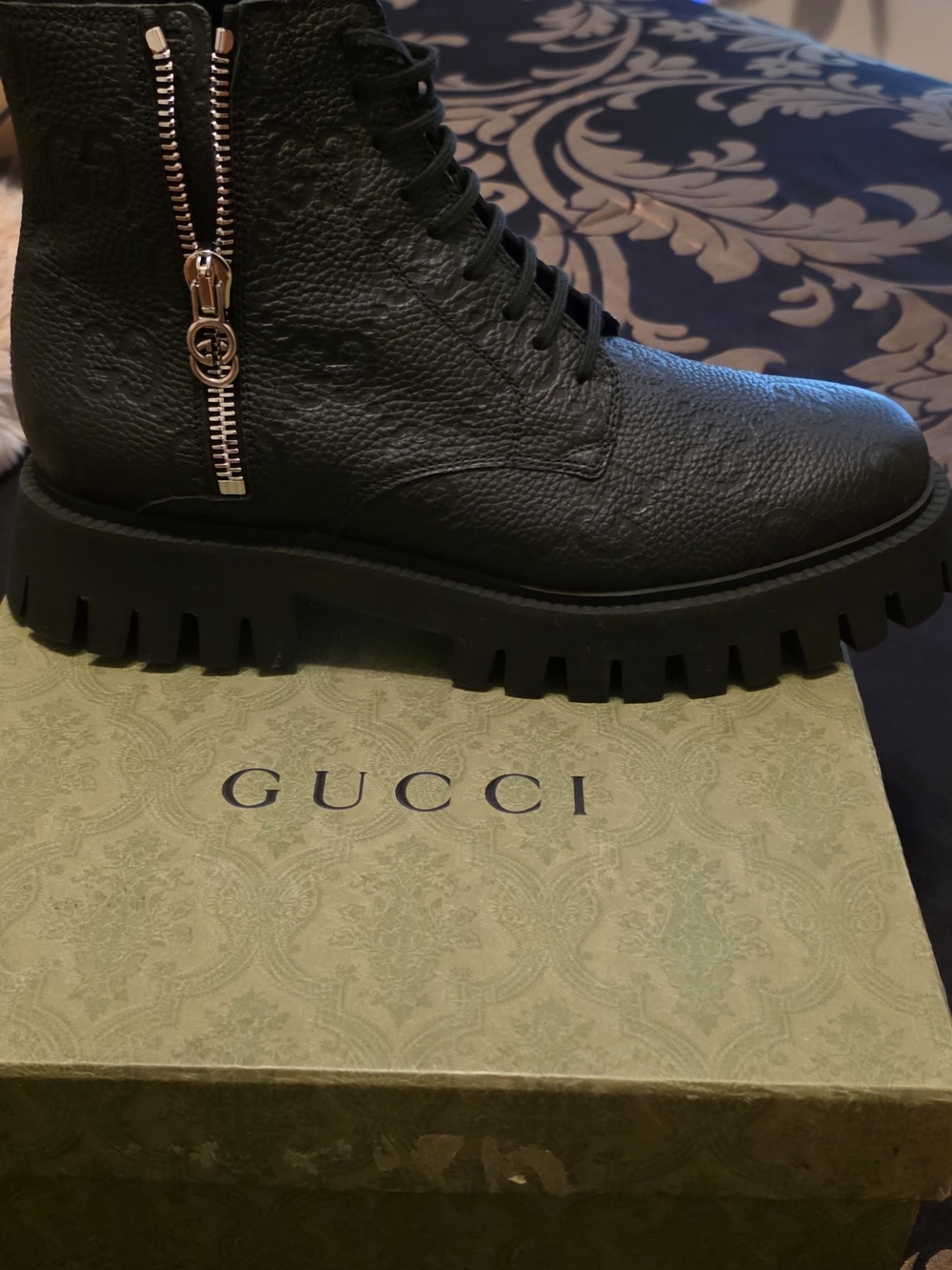 Gucci Black Textured Leather Lace-Up Combat Boots with Gold Zip